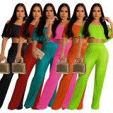 Pleated Ruffle One Shoulder Wide Leg Pants Set YF-10470