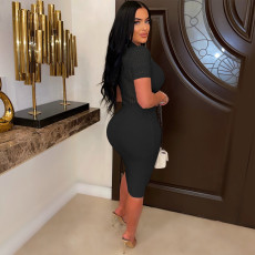 Solid Color V Neck Knits Hollow Out Midi Dress OSM-4391