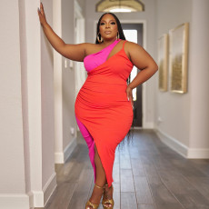 Plus Size Contrast Color Slash Shoulder Maxi Dress NY-10463