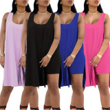 Solid Sleeveless Split Tops Two Piece Shorts Set SH-390488