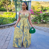 Sexy Print Sling Wide Leg Jumpsuit With Waist Belt YF-10481