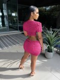Solid Short Sleeve Crop Top Two Piece Skirts Set YD-8726