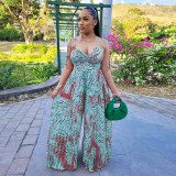 Sexy Print Sling Wide Leg Jumpsuit With Waist Belt YF-10481
