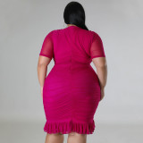 Plus Size Double Layer Ruffle V Neck Midi Dress NNWF-7816