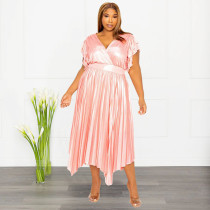 Plus Size V Neck Ruffle Sleeve Long Dress NNWF-7823