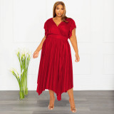 Plus Size V Neck Ruffle Sleeve Long Dress NNWF-7823