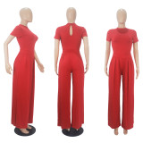 Fashion Solid Color Short Sleeve Bodysuits+Wide Leg Pants Suit SHD-9418