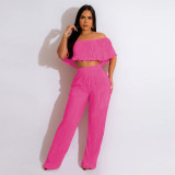 Pleated Ruffle One Shoulder Wide Leg Pants Set YF-10470