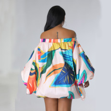 One Shoulder Print Bat Sleeve Mini Dress SFY-2318