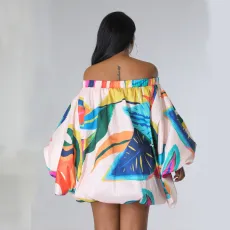 One Shoulder Print Bat Sleeve Mini Dress SFY-2318