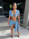 Solid Short Sleeve Crop Top Two Piece Skirts Set YD-8726