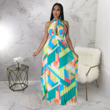 Sexy Print Halter Tie Up Backless Maxi Dress YF-10490