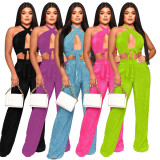 Solid Color Sleeveless Tie Up Halter Two Piece Set YF-10479