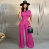 Fashion Solid Color Short Sleeve Bodysuits+Wide Leg Pants Suit SHD-9418
