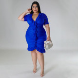 Plus Size Double Layer Ruffle V Neck Midi Dress NNWF-7816