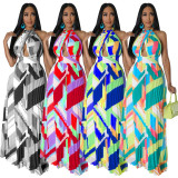 Sexy Print Halter Tie Up Backless Maxi Dress YF-10490