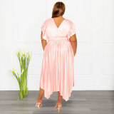 Plus Size V Neck Ruffle Sleeve Long Dress NNWF-7823