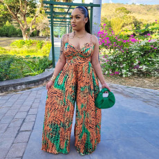 Sexy Print Sling Wide Leg Jumpsuit With Waist Belt YF-10481