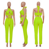 Solid Color Sleeveless Tie Up Halter Two Piece Set YF-10479
