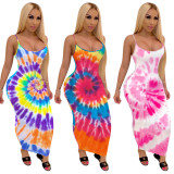 Tie Dye Print Slim Sling Maxi Dress TE-4582