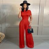 Fashion Solid Color Short Sleeve Bodysuits+Wide Leg Pants Suit SHD-9418