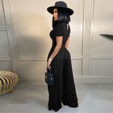Fashion Solid Color Short Sleeve Bodysuits+Wide Leg Pants Suit SHD-9418