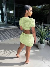 Solid Short Sleeve Crop Top Two Piece Skirts Set YD-8726