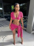 Solid Short Sleeve Crop Top Two Piece Skirts Set YD-8726