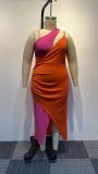 Plus Size Contrast Color Slash Shoulder Maxi Dress NY-10463