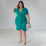 Plus Size Double Layer Ruffle V Neck Midi Dress NNWF-7816