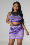 Sexy Mesh Print Sleeveless Skirts Two Piece Set FENF-272