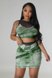 Sexy Mesh Print Sleeveless Skirts Two Piece Set FENF-272