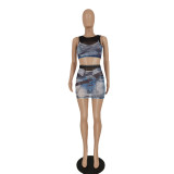 Sexy Mesh Print Sleeveless Skirts Two Piece Set FENF-272