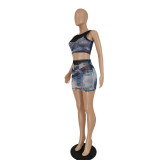 Sexy Mesh Print Sleeveless Skirts Two Piece Set FENF-272