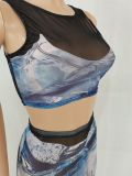 Sexy Mesh Print Sleeveless Skirts Two Piece Set FENF-272