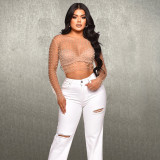 Mesh Hot Drill Beaded Pullover BY-6355