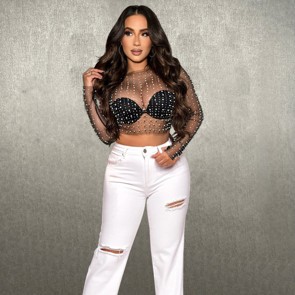 Mesh Hot Drill Beaded Pullover BY-6355