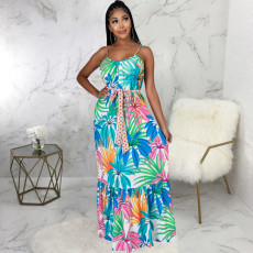 Sleeveless V Neck Sling Print Maxi Dress SMR-11203