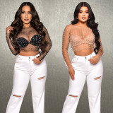 Mesh Hot Drill Beaded Pullover BY-6355