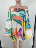 One Shoulder Lantern Sleeve Printed Dress NK-8623
