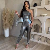Solid Color Slash Shoulder Sleeveless Tight Jumpsuit AIL-240