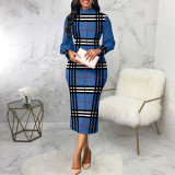 Print Long Sleeve Slim Midi Dress SMR-11909
