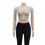 Mesh Hot Drill Beaded Pullover BY-6355