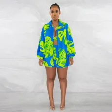 Plus Size Fashion Print Long Sleeve Coats Three Piece Set NY-10458