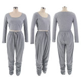 Solid Color Long Sleeve Pleated Pants Two Piece Set HNIF-8038