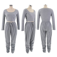 Solid Color Long Sleeve Pleated Pants Two Piece Set HNIF-8038