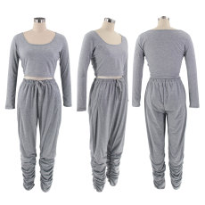 Solid Color Long Sleeve Pleated Pants Two Piece Set HNIF-8038