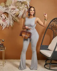 Fashion Solid Color Knotted Flared Jumpsuit MXDF-6123