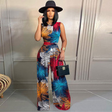 Print Sleeveless Bodysuit And Wide Leg Pant 2 Piece Set SHD-9423