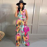Print Sleeveless Bodysuit And Wide Leg Pant 2 Piece Set SHD-9423